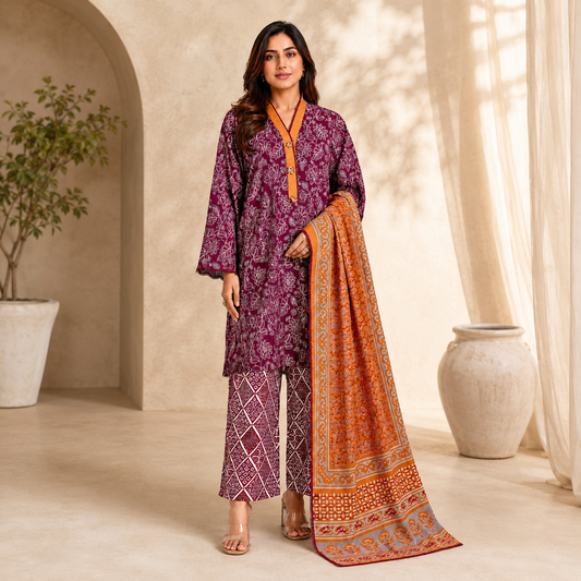 Terracotta Rust – 3 Piece Unstitched Embroidered Lawn Suit